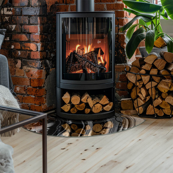 Quarter-circle tempered glass hearth Abstract waves and lines