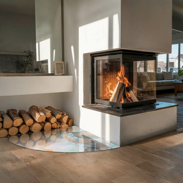 Quarter-circle tempered glass hearth Abstract fluid pattern