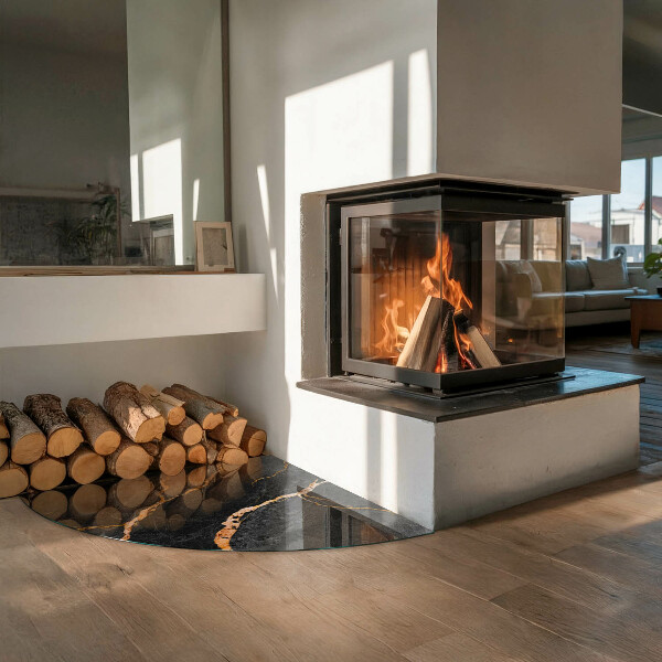 Quarter-circle tempered glass hearth Elegant marble with veins