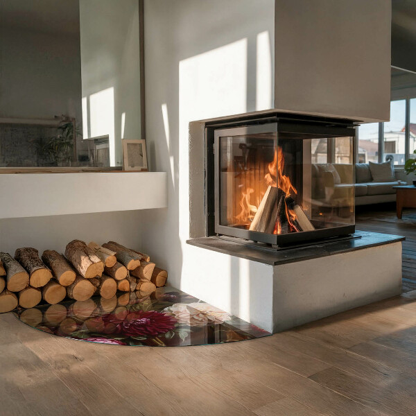 Quarter-circle tempered glass hearth Flower bouquet in detail