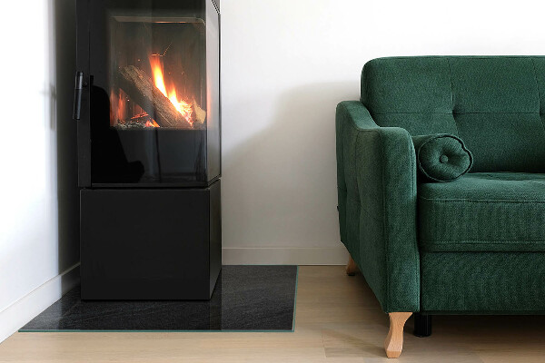 Square glass hearth for wood stove Natural stone texture