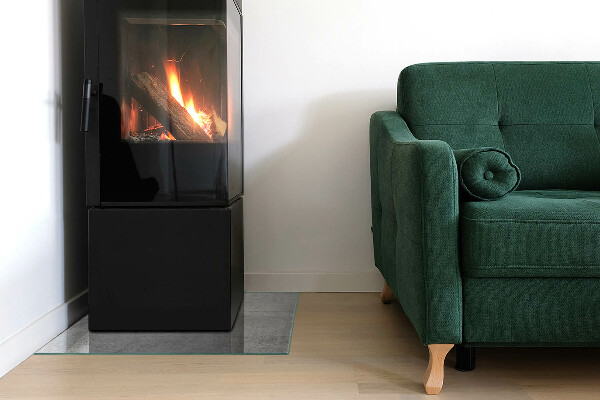 Square glass hearth for wood stove Raw concrete texture