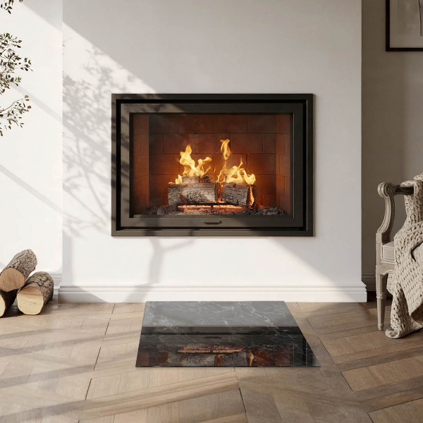 Square glass hearth for log burner Elegant marble pattern