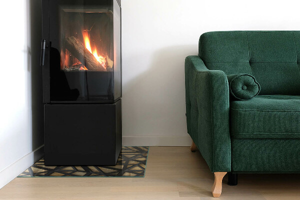 Square glass hearth for wood stove Geometry with wood