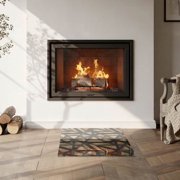 Square glass hearth for wood stove Geometry with wood