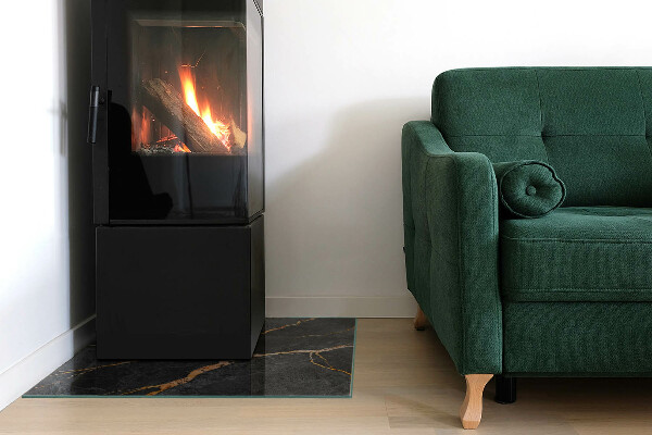 Square glass hearth for log burner Elegant marble with veins