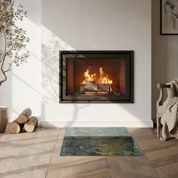 Square glass hearth for wood stove Plant motifs with butterflies