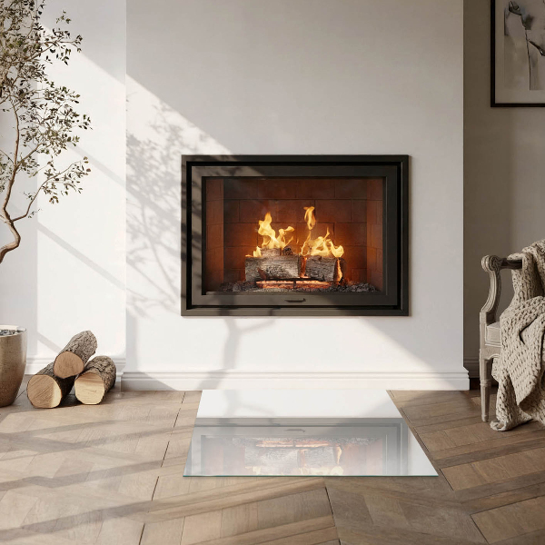 Square glass hearth for wood stove Ivory color