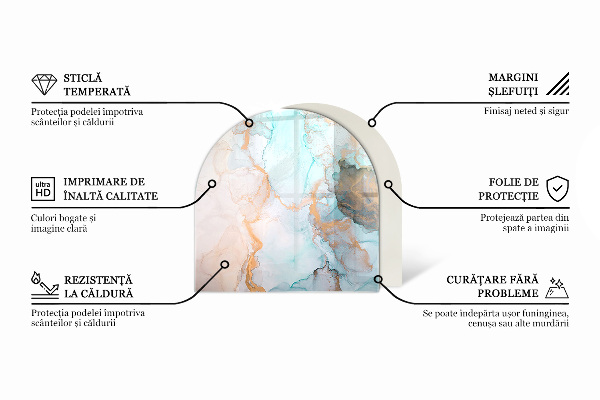 Half-oval glass hearth plate Marble pattern with veins