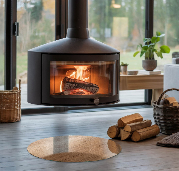 Round glass wood burner hearth Natural wood pattern