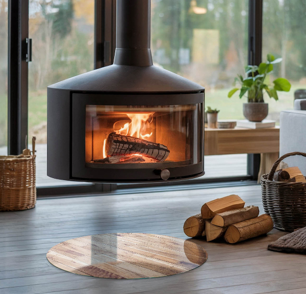 Round glass wood burner hearth Wooden board in the layout