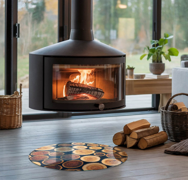 Round glass wood burner hearth Box with cut wood