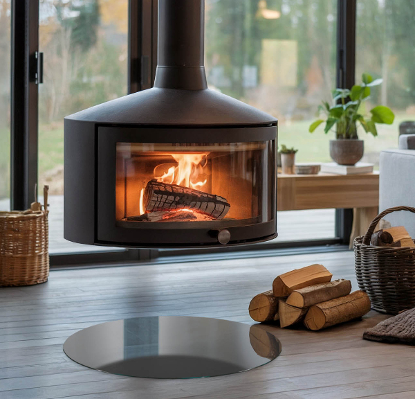 Round glass hearths for wood burners Color Gray-brown