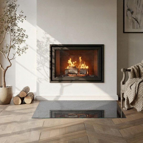 Rectangular glass hearth for wood stove Natural stone texture