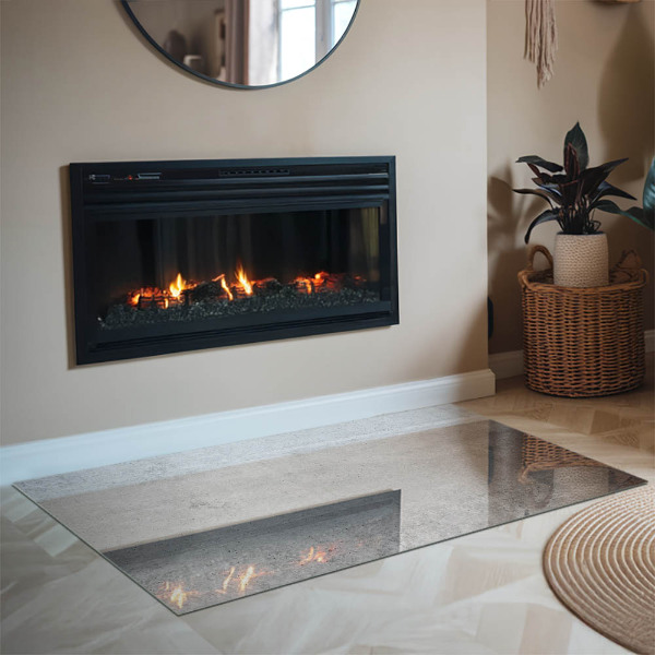 Rectangular glass hearth for wood stove Raw concrete texture