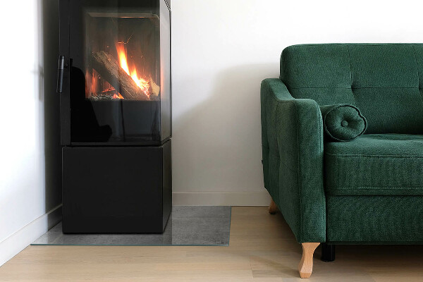 Rectangular glass hearth for wood stove Raw concrete texture