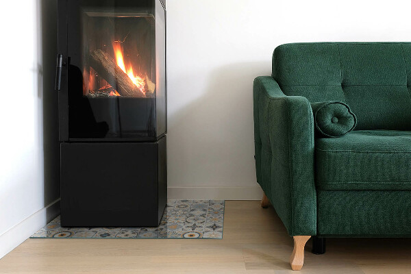 Rectangular glass hearth for log burner Mosaic patterns in tiles