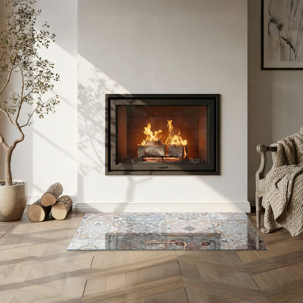 Rectangular glass hearth for wood stove Mosaic patterns in tiles