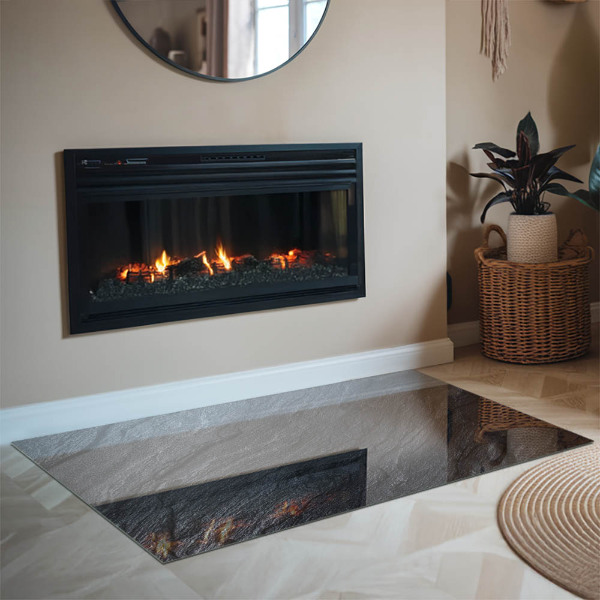 Rectangular glass hearth for log burner Stone surface texture