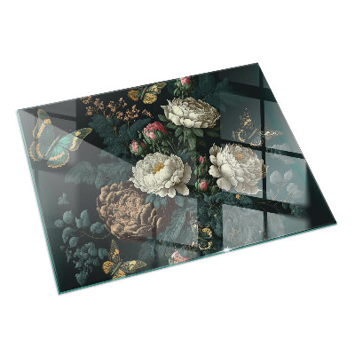 Rectangular glass hearth Floral pattern with butterflies