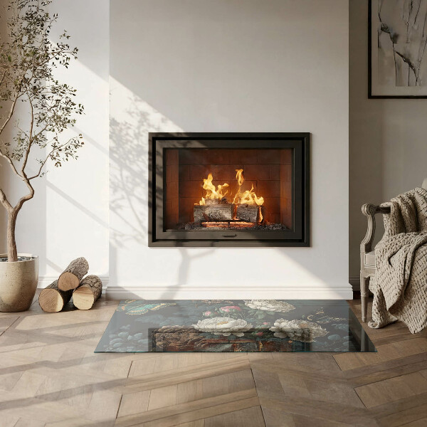 Rectangular glass hearth Floral pattern with butterflies