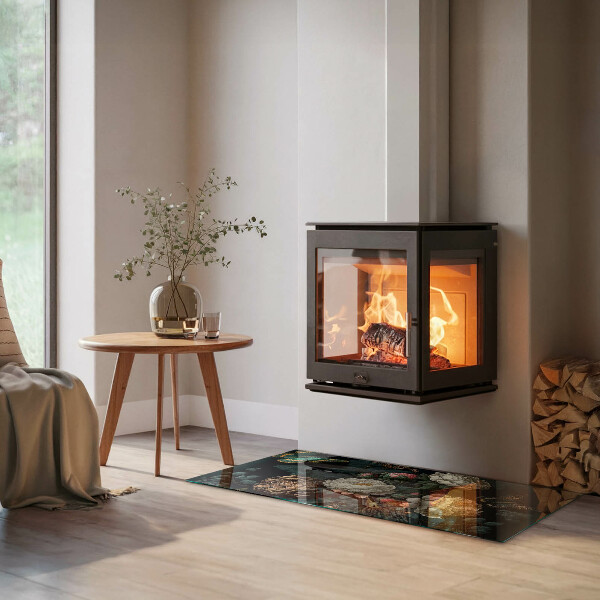 Rectangular glass hearth Floral pattern with butterflies