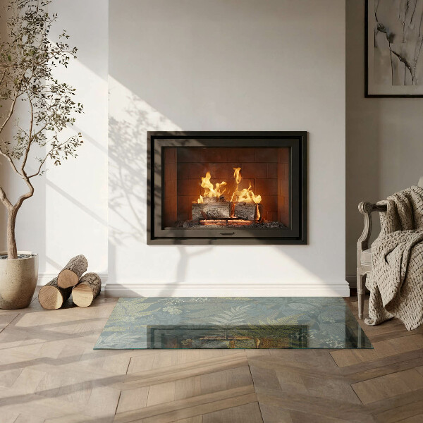 Rectangular glass hearth for wood stove Plant motifs with butterflies