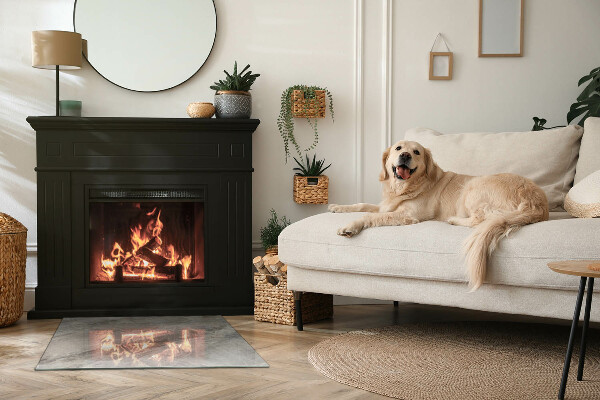 Rectangular glass hearth for log burner Natural stone pattern