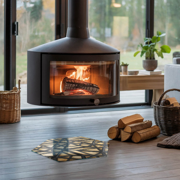Hexagonal glass hearth for stove Geometry with wood