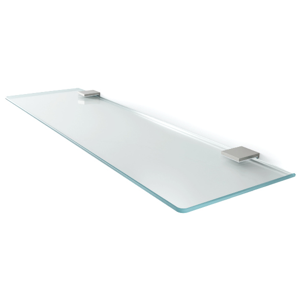 Translucent rectangular glass mirror shelf measuring 23 by 5 inches