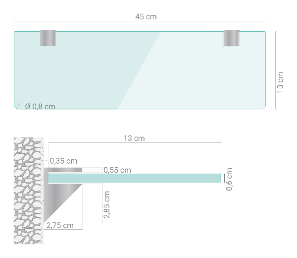 Wall-mounted glass shelf 45x13 cm