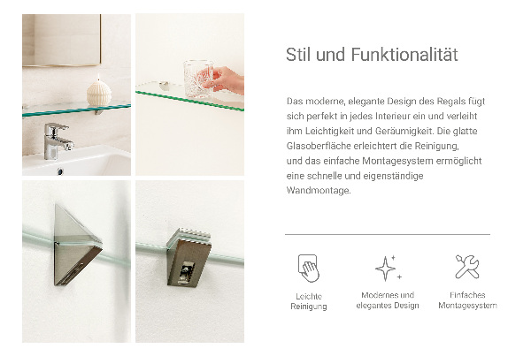 Clear glass wall shelf 60x13 cm