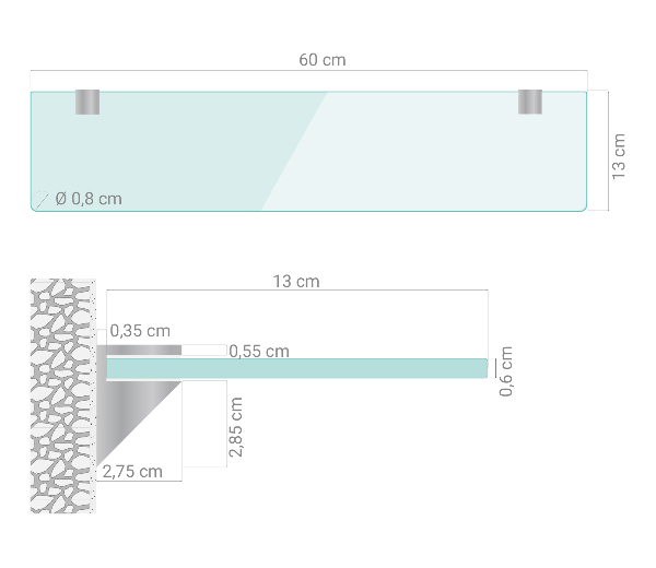 Clear glass wall shelf 60x13 cm
