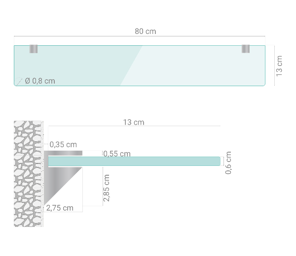 Floating glass shelf for bathroom 80x13 cm