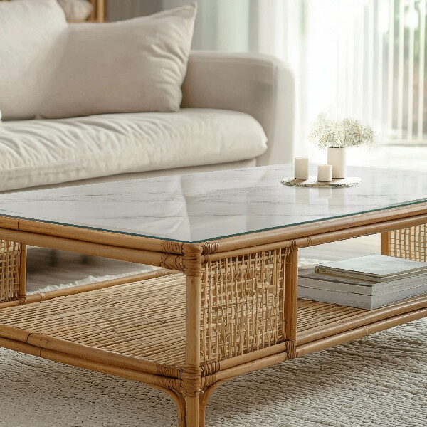 Rectangular glass table top with print Marble texture motif