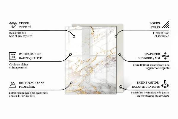 Rectangular glass table top with print Veined marble pattern
