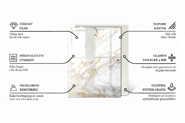 Rectangular glass table top with print Veined marble pattern
