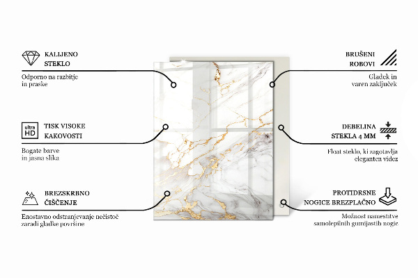 Rectangular glass table top with print Veined marble pattern