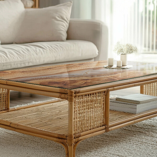 Decorative glass table top with print Natural wood and resin pattern