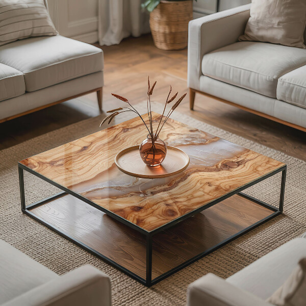 Decorative glass table top with print Natural wood and resin pattern