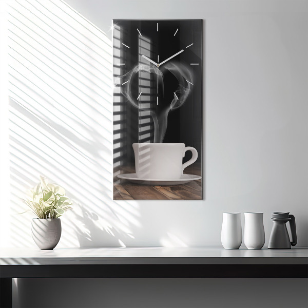 Modern vertical wall clock A cup of hot coffee
