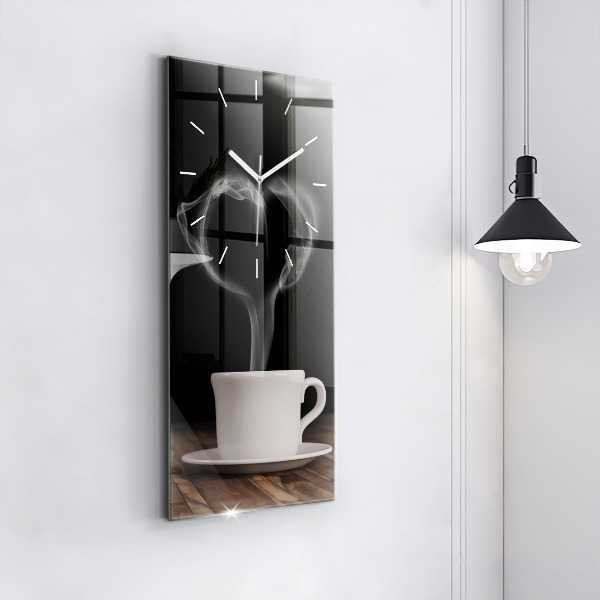 Modern vertical wall clock A cup of hot coffee