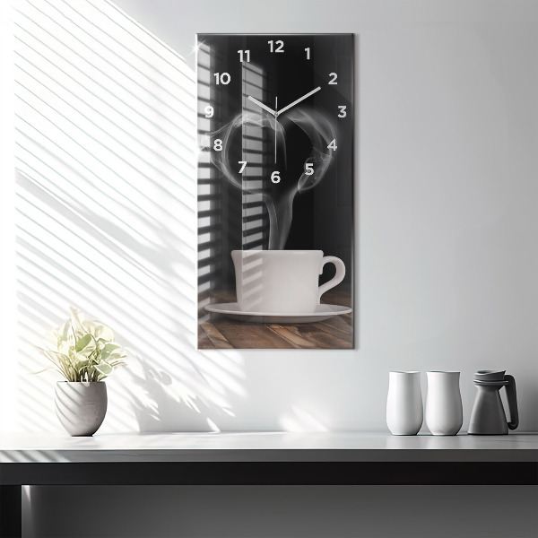 Modern vertical wall clock A cup of hot coffee