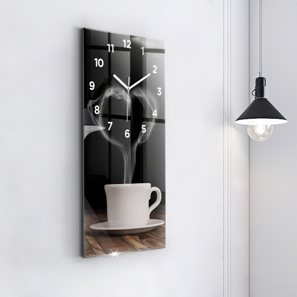 Modern vertical wall clock A cup of hot coffee