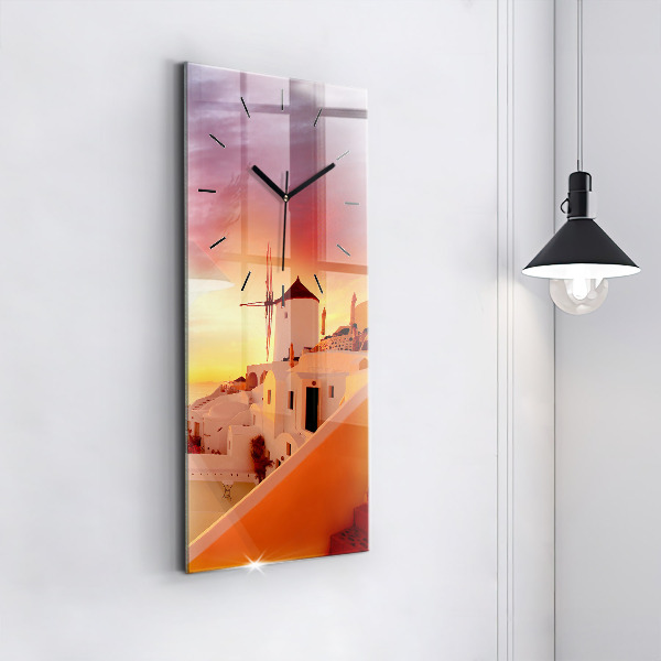 Modern vertical wall clock Old windmill in Santorini