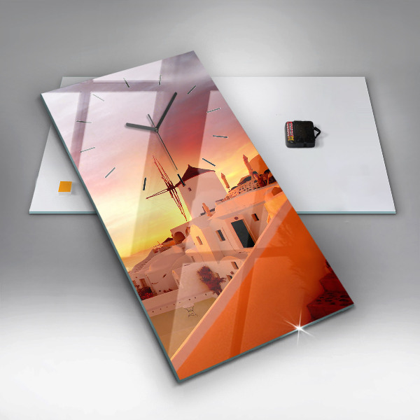 Modern vertical wall clock Old windmill in Santorini