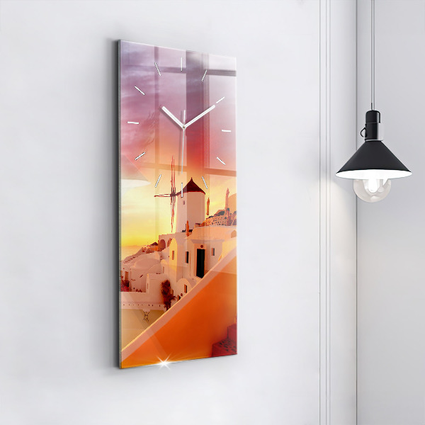 Modern vertical wall clock Old windmill in Santorini