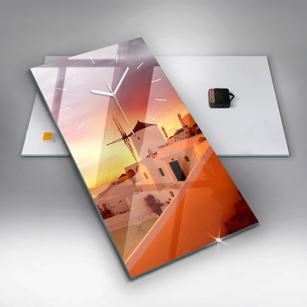 Modern vertical wall clock Old windmill in Santorini