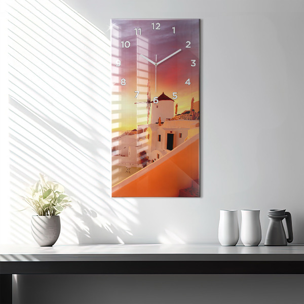 Modern vertical wall clock Old windmill in Santorini