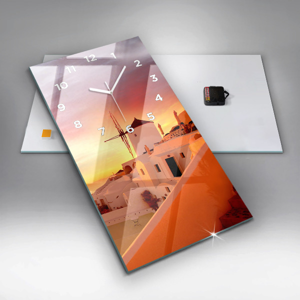 Modern vertical wall clock Old windmill in Santorini